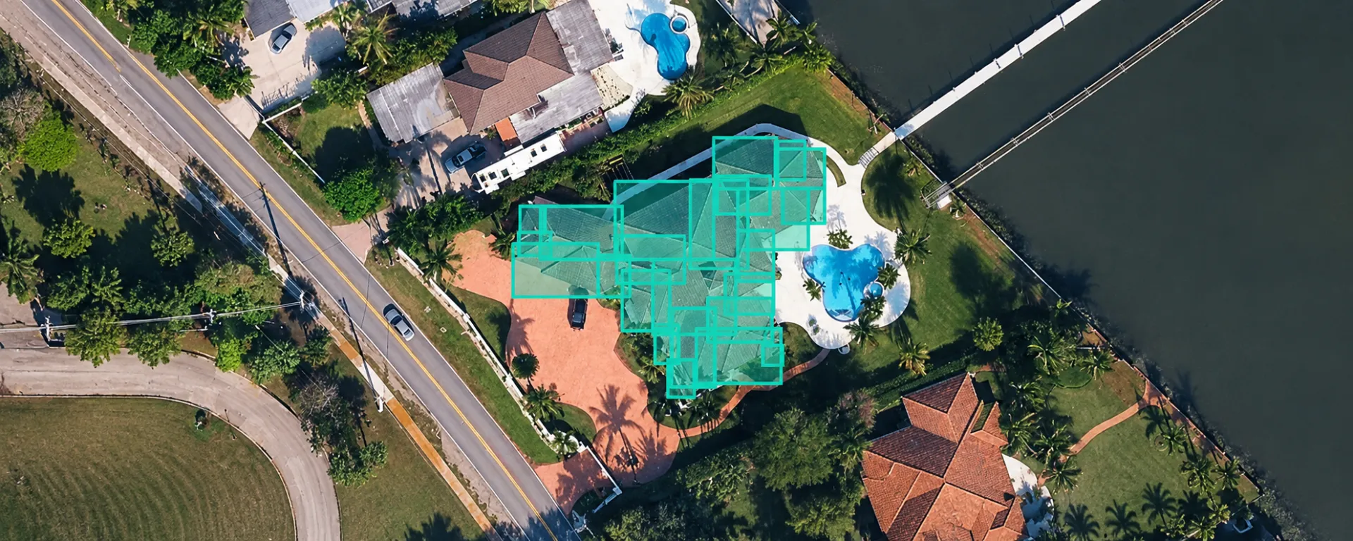 Aerial view of a roof measured for an instant quote